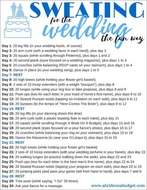 Tired of BORING 30-day workout challenges? I get it! This Sweating For The Wedding The Fun Way 30-day workout challenge from www.abrideonabudget.com is SO MUCH more fun and PERFECT for a bride-to-be. Wedding Workout Plan, Sweating For The Wedding, Beachbody Workout, Bride Workout, Wedding Body, Workout Challenges, Challenge Fitness, Wedding Diet, Wedding Workout