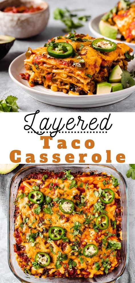 This taco casserole recipe is such a fun and easy way to do taco night! It's made healthy and layered with tortillas, turkey, beans, corn, green chiles, tomatoes and salsa, all topped with plenty of cheese and baked to perfection. This Mexican casserole bake has become a go-to dinner option because my family can’t get enough of it! Add some Mexican rice and guacamole on the side and you’ll have a meal that will earn you rave reviews. Taco Layered Casserole, Mexican Casserole With Beef Healthy, Casserole Dishes Healthy, Healthy Taco Casserole Bake, Healthy Mexican Casserole Recipes, Taco Enchilada Casserole, Meals With Corn Tortillas, Tortilla Mexican Casserole, Ground Chicken Taco Casserole