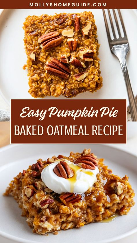 Looking for a cozy and delicious breakfast idea? Try this simple recipe for pumpkin pie baked oatmeal. This dish is the perfect blend of warm spices and hearty oats, making it a comforting meal to start your day. With pumpkin puree adding a touch of fall flavor, this baked oatmeal is sure to become a seasonal favorite in your household. Not only is it easy to make, but it also fills your kitchen with the delightful aroma of cinnamon and nutmeg. Oatmeal And Pumpkin Recipes, Pumpkin Recipes Oatmeal, Pumpkin Pie Oatmeal Bake, Oatmeal Pumpkin Recipes, Pumpkin Oat Bake Healthy, Pumpkin Oats Recipes, Pumpkin Puree Breakfast, Oatmeal With Pumpkin Puree, Oatmeal Pumpkin Bread Healthy