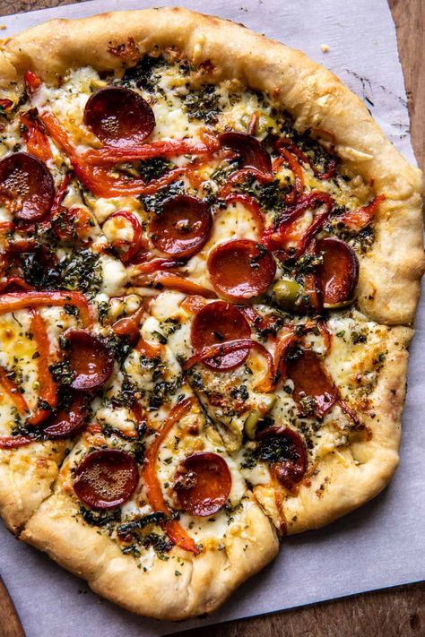 Pesto Pizza with Feta Stuffed Crust | halfbakedharvest.com Stuffed Crust, Half Baked Harvest Recipes, Pesto Pizza, Harvest Recipes, Pizza Recipes Homemade, Half Baked, Half Baked Harvest, Delicious Pizza, A Pizza