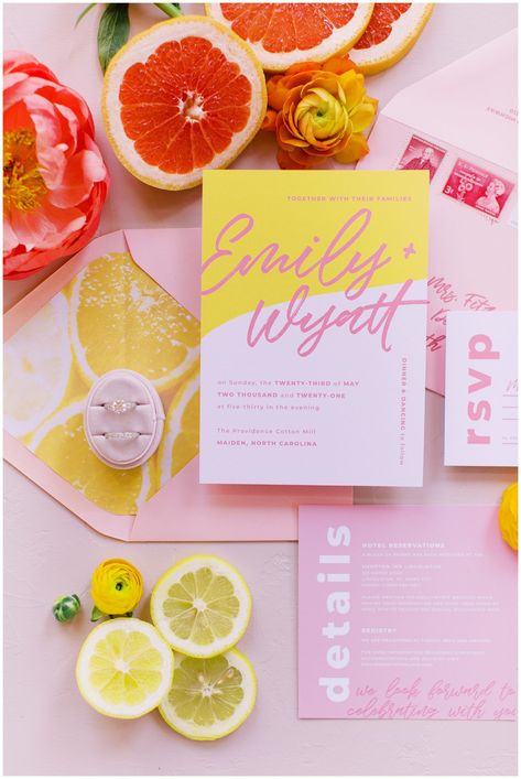 Pink And Lemon Wedding, Bright Summer Wedding Invitations, Bright Wedding Signage, Pink And Yellow Invitation, Bright Coloured Wedding Invites, Pink And Yellow Wedding Invitations, Editorial Wedding Invitations, Citrus Invitation, Bold Wedding Invites