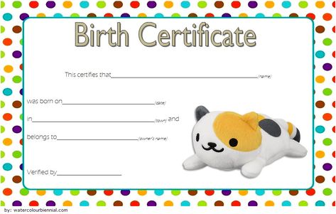 Stuffed Animal Birth Certificate Template FREE editable and printable format (7th Design) for Word and PDF. Stuffed Animal Adoption Certificate, Stuffed Animal Adoption, Animal Adoption Certificate, Sports Day Certificates, Adoption Certificate Template, Cat Birth, Birth Certificate Template, Free Certificate Templates, Writing Competition