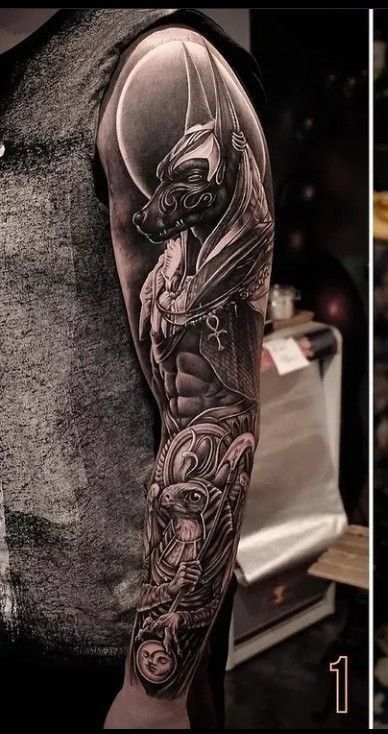 Tattoo Ideas Anubis, Horus Anubis Tattoo, Tattoo Sleave Ideas Men, Anubis Sleeve Tattoo, Anubis Tattoo Egyptian Mythology, Mythology Tattoos Men, Anubis Tattoo Men Ideas, Anubis And Horus Tattoo, Ankh Tattoo Men