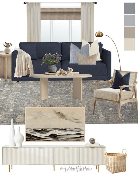 Coastal Living Room With Navy Sofa, Navy Blue Couch Living Room Decor Modern, Blue Couch Modern Living Room, Dark Navy Couch Living Room, Navy Sectional Living Room, Dark Blue Sofa Living Room, Blue Couches Living Room Decor, Navy Sofa Living Room Ideas, Navy Blue Couch Living Room Decor