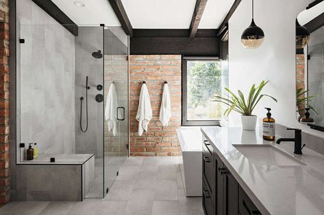 LP by The Ranch Mine Exposed Brick Bathroom, Litchfield Park Arizona, Southwestern Bathroom, Brick Bathroom, Southwest Modern, Roof Beam, White Bathroom Tiles, Latest Bathroom, Bathroom Design Trends