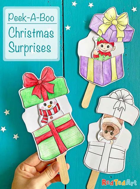 Pop Up Christmas Gift Printables - Red Ted Art - Easy Christmas Crafts Christmas Gift Printables, Peek A Boo Cards, Easy Kids Christmas, Pop Up Christmas Cards, Puppet Craft, Kids Christmas Crafts Easy, Christmas Colouring, Red Ted Art, Bug Crafts