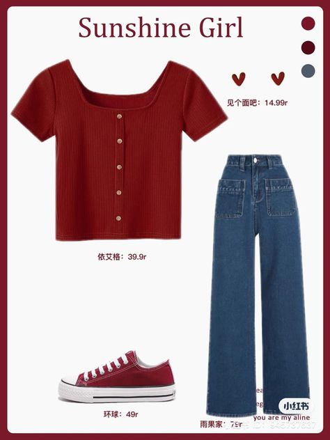 #kpop #korean #aesthetic #koreanaesthetic #beigeaesthetic #ootd #studygram #ipad #stationary #outfit #fashion #food Korean Outfits Red, Korean Red Outfit, Red Korean Outfits, Red Outfit Korean, Red Shirt Outfit, Red Shirt Outfits, Sunshine Outfit, Sunshine Girl, Simple Style Outfits