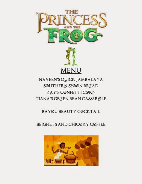 Princess And The Frog Dinner, Disney Movie Themed Food, Princess And The Frog Theme, Movie Foods, Disney Movie Themed Dinner, Disney Nights, Movie Meals, Disney Meals, Family Movie Night Themes