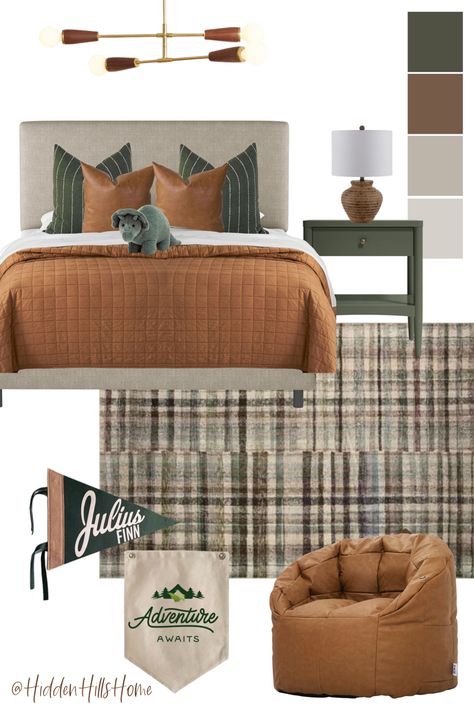 Teen boys bedroom decor mood board with masculine green and rich brown tones! Woodsy Guest Bedroom, Olive Green Farmhouse Bedroom, Chocolate And Green Bedroom, Boys Twin Beds Bedroom Ideas, Twin Bedding Boys, Brown Furniture Boys Room, Hunter Green Boys Room, Green Teen Boy Bedroom, Boys Room Green Accent Wall