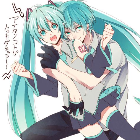 1boy 1girl aqua_hair detached_sleeves dual_persona female genderswap hatsune_miku hatsune_mikuo highres long_hair male mochigon necktie short_hair skirt smile thigh-highs twintails very_long_hair vocaloid Hatsune Miku Genderbend, Detached Sleeves, Fairy Tail Funny, Hair Male, Miku Cosplay, Aqua Hair, Sketch Videos, Love And, Miku Hatsune