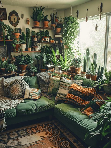 Succulent Ideas for Cozy Living Room Decor: A Room Filled with Lush Green Succulents Green Room With Plants, Plant Apartment Aesthetic Living Room, Plant Room Design, Planty Living Room, Boho Living Room With Plants, Succulents Room Decor, Boho Green Living Room, Cozy Aesthetic Room, Dark Room House Plants