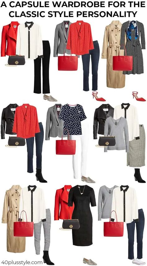 Navy White Red Capsule Wardrobe, Black And Red Wardrobe, Red And Black Capsule Wardrobe, Red Capsule Wardrobe, Classic Style Personality, Red Wardrobe, Chic Capsule Wardrobe, Wardrobe Planner, Capsule Wardrobe Women