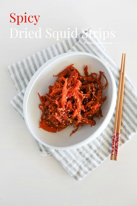 Korean Spicy Dried Squid, Tasty Easy Recipes, Korean Table, Korean Appetizers, My Korean Kitchen, Dried Squid, Korean Stir Fry, Asian Store, Squid Recipes