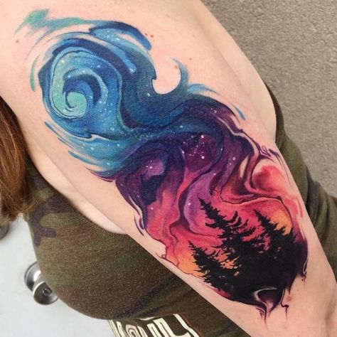 blue-pink-purple-red-orange-sky-above-tall-trees-space-tattoo-ideas-shoulder-tattoo Tree Tattoo Color, Outer Space Tattoos, Colorful Tattoo, Sunset Tattoos, Kunst Tattoos, Unalome Tattoo, Galaxy Tattoo, Disney Tattoo, Initial Tattoo