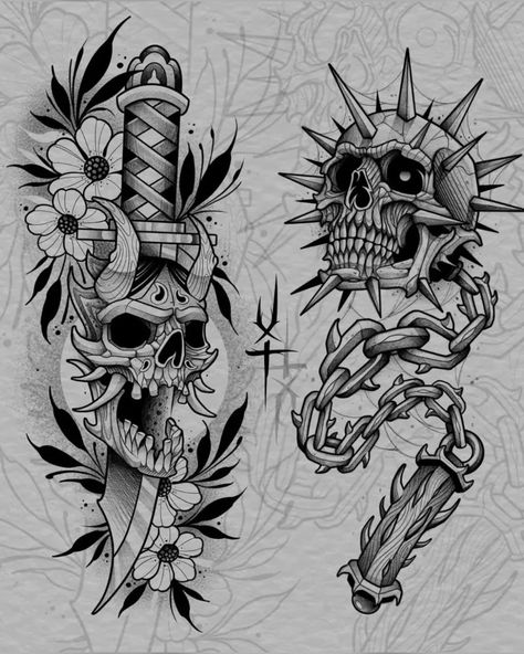 Skull Flash Tattoo Design, Christmas Tattoo Flash, Bday Tattoo, Skull Art Tattoo, Petit Tattoo, Creepy Tattoos, Tattoo Style Drawings, Tattoo Design Book, Skull Tattoo Design