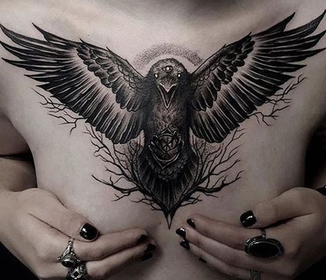 Black Crow Tattoos, Crow Tattoo Design, Jewel Tattoo, Epic Tattoo, Crow Tattoo, Cool Chest Tattoos, Nordic Tattoo, Raven Tattoo, Chest Piece Tattoos