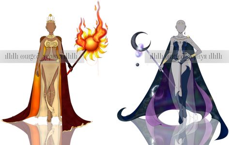 Closed Wings Reference, Sun And Moon Character Design, Moon Outfit Aesthetic, Fire Sorceress, Outfit Ideas Drawing, Moon Outfit, Dragon Horns, Fantasy Props, Drawing Anime Clothes