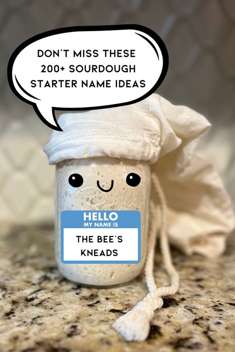 Sourdough starter name ideas. 200+ of the best sourdough starter puns and names for your next starter. Organic Sour Dough Starter, Sourdough Starter Christmas Gift, Sourdough Starter Names List, Sourdough Starter Ornament, Sourdough Names Ideas, Funny Sourdough Starter Names, Names For Sourdough Starter, How To Gift Sourdough Starter, Gifting Sourdough Starter