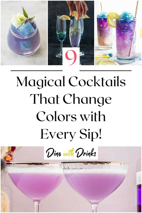 Collage of 4 color changing cocktails. Color Change Cocktail, Enchanted Forest Drink Ideas, Color Changing Drinks Alcohol, Psychology Themed Cocktail, Cool Looking Cocktails, Dnd Themed Drinks, Themed Cocktails Party Ideas, Purple Party Drinks, Color Changing Cocktails