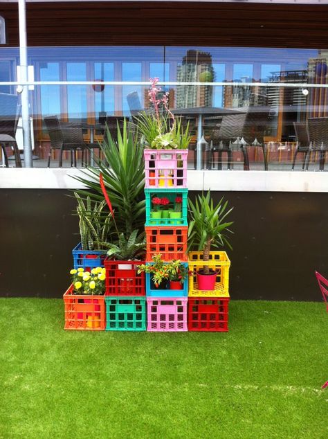 Coloured Crate Display/Vertical Garden Pop Up Table, Crate Display, Plant Swap, Backyard Landscapes, Junk Garden, Tiny Desks, Crate Ideas, Milk Crate, Fred Segal