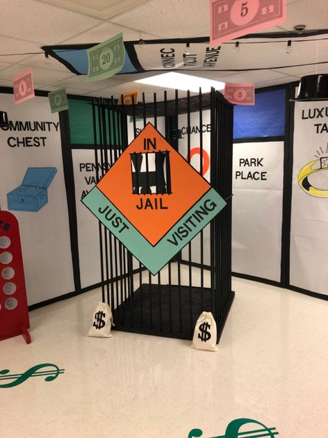 Monopoly Jail Photo Booth, Trouble Board Game Decorations, Monopoly Hallway Theme, Monopoly Decorations Themed Parties, Game Night Decorations Ideas Diy, Board Game Backdrop, Board Game Theme Teacher Appreciation, Life Game Decorations, Monopoly Party Theme