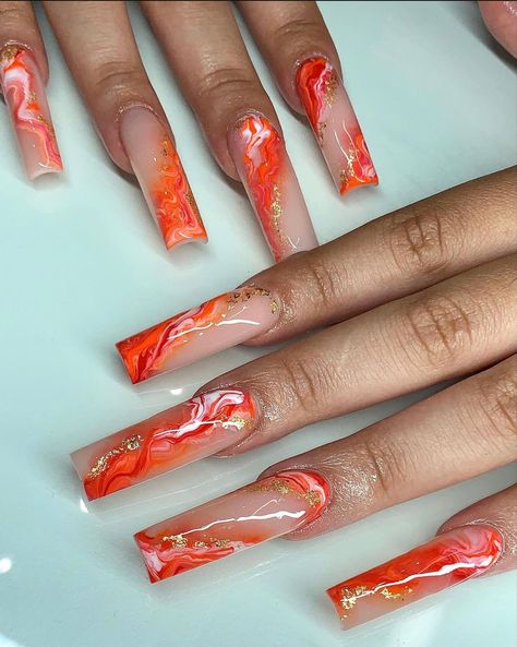 Orange Marble Nails, Nessa Nails, Orange Marble, Nyc Nails, Tapered Square Nails, Im So Happy, Drip Nails, Colored Acrylic Nails, Exotic Nails