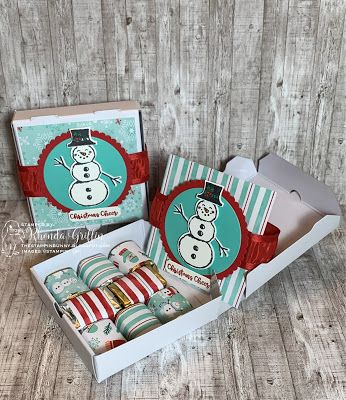 Stampin Up Pizza Box Ideas, Stampin Up Mini Pizza Box Ideas, Mini Pizza Boxes Stampin'up, Stampin Up Pizza Box Ideas Christmas, Christmas Class Treats, Pizza Box Crafts, Snowman Punch, Bunny Money, Sewn Cards