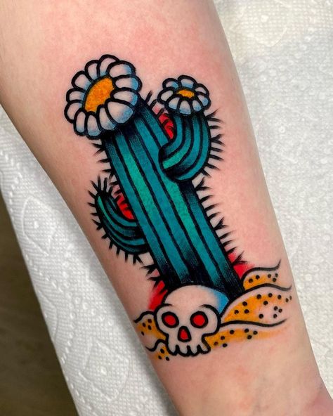 Cactus Trad Tattoo, Old School Cactus Tattoo, Trad Western Tattoo, Traditional Tattoos Cactus, American Traditional Cactus Tattoo, American Traditional Cactus, Traditional Cactus Tattoo, Saguaro Cactus Tattoo, Traditional Western Tattoo