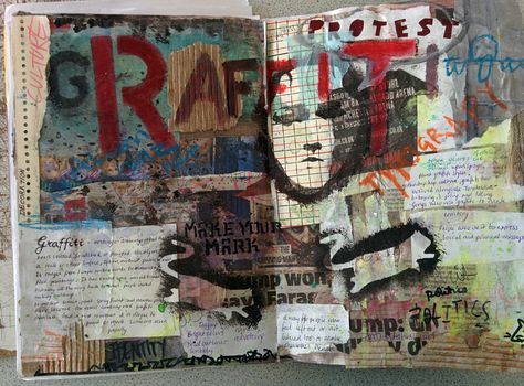 Sketchbook page, an example for gcse students looking at graffiti Mood Board For Art Project, Art College Sketchbooks, Graffiti Artist Research Page, Photography Gcse Aesthetic, Street Art Sketchbook Page, Gcse Art Sketchbook Year 10, Fonts For Gcse Art, Banksy Artist Research Page Gcse, Alevel Sketchbook Art Architecture