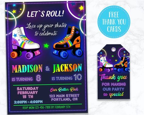 Roller skate birthday invitation + free thank you cards, Joint Skating invitation for two, Dual twins Boy and girl sk8 party invite. Same theme items for your party: https://www.etsy.com/shop/paperpartydigital?&search_query=roller This item is personalized digital file(s). You can share it with your friends electronically by texting it or via messengers like Whatsapp, iMessage, Facebook, Viber, etc. or email it. Or you can print it in nearby photolab or at one of the online printing services. Transportation Invitation, Roller Skate Invitations, Roller Skating Party Invitations, Skate Invitations, Roller Skating Birthday Invitations, Girls Roller Skates, Roller Skate Birthday, Pirate Invitations, Skate Birthday