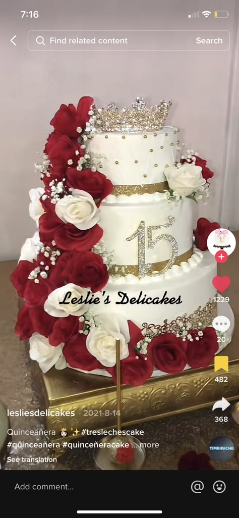 Red And Gold 15 Cake, Red Quinceanera Cake Ideas, 15 Cakes Quinceanera Red, Simple Quince Cakes, Quinceanera Cakes Red, Quince Cakes Red, 15 Cakes Ideas, Red Quince Cake, Red Quinceanera Cake