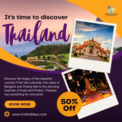 🌟 It’s Time to Discover Thailand with HRM Holidays! 🌏 🕌 50% Off on your dream Thailand vacation! Explore the enchanting cities of Bangkok and Chiang Mai, unwind on the breathtaking beaches of Phuket and Krabi, and immerse yourself in the vibrant culture of Thailand. Whether you're looking for adventure, relaxation, or cultural experiences, Thailand has something for everyone! ✨ Book now and make unforgettable memories in this beautiful land! Contact us today: 📞 +91 9137700003 📧 Info@hrmhol... Kolkata Travel, Culture Of Thailand, Thailand Tour, Thailand Holiday, Wellness Activities, Personalized Nutrition, Country Holiday, Romantic Honeymoon, Island Tour