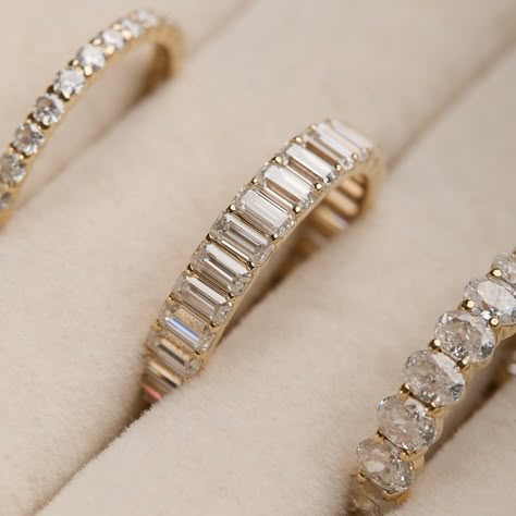 Our Signature Wedding Bands ✨ Rings pictured - Medium Pavé Round Wedding Band $2530 - Large Baguette Wedding Band $4400 - Large Pavé Oval Wedding Band $4400 All in 18k Yellow Gold 🤍 Baguette Wedding Band With Round Ring, Large Wedding Band, Hailey Bieber Wedding, Oval Wedding Band, Bands Rings, Baguette Wedding Band, Round Wedding Band, Eternity Band Ring, Ring Pictures