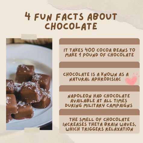 4 Fun Facts About chocolate - It takes 400 cocoa beans to make 1 pound of chocolate - Chocolate is a known as a natural aphrodisiac - Napoleon had chocolate available at all times during military campaigns - The smell of chocolate increases theta brain waves, which triggers relaxation Facts About Chocolate, History Of Chocolate, Friday Funday, Nutrition Classes, Notice Boards, It's Friday, January 2024, Food Pin, Food Facts