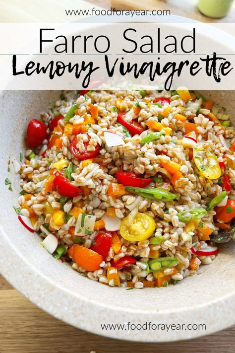 Lemony Farro Salad • Food for a Year: Cold Farro Salad Recipe, Farro Salad Recipes Healthy, Recipes With Farro, Shrimp Farro Salad, Farro Edamame Salad, Farro Broccoli Salad, Simple Farro Salad, Farro Salads, Farro Salad Vegan