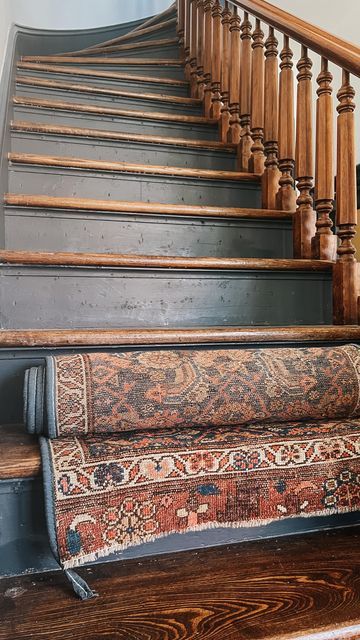 Antique Rug Stair Runner, Vintage Runner Stairs, Stair Runner Wood Stairs, Persian Rug Stair Runner, Antique Stair Runner, Unique Stair Runner, Rug Stairs, Brass Stair Rods, Wood Staircase With Runner