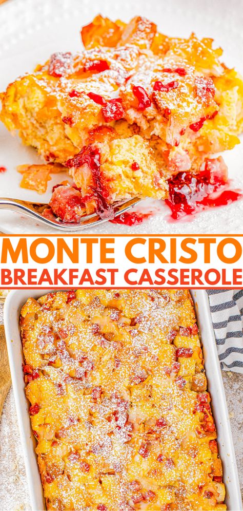 Breakfast With Brioche Bread, Monte Cristo Casserole, Monte Cristo Breakfast Casserole, Zucchini Latkes, Cozy Casseroles, Cubed Ham, Monte Cristo Sandwich, Averie Cooks, Brioche Bread