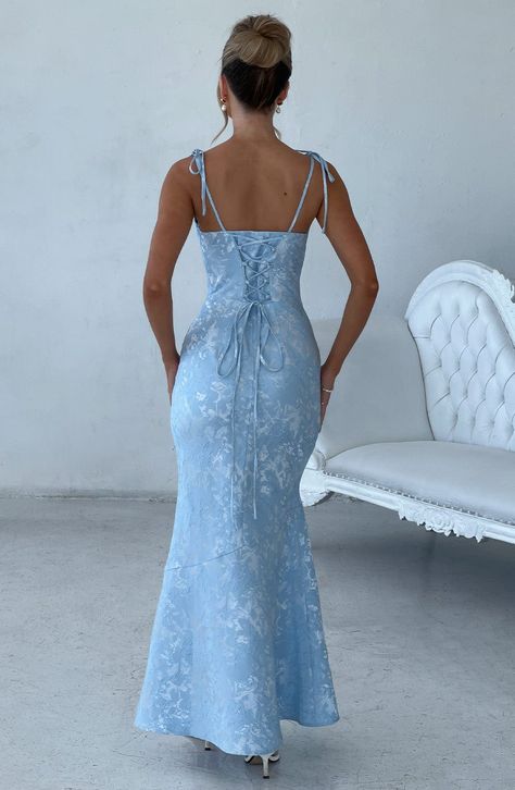 Whitney Maxi Dress - Blue – BABYBOO Sleek Waves, Satin Mermaid Dress, Classy Prom, Grad Ideas, Dress Sage, Maxi Dress Sale, Draped Skirt, Floor Length Skirt, Sparkle Dress