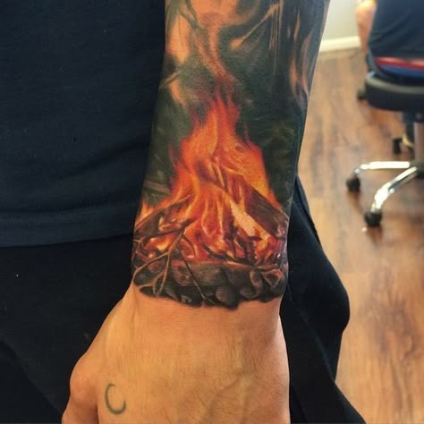 That's badass..instantly think of camping Campfire Tattoo, Camping Tattoo, Flame Tattoos, Wrist Tattoos For Guys, Tattoo Inspiration Men, Forest Tattoos, Fire Tattoo, Color Tattoos, Badass Tattoos