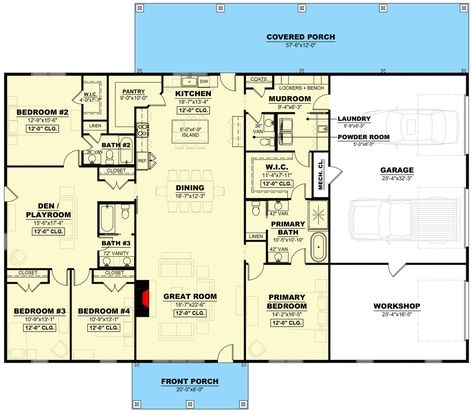 Plan 810014RBT: 4 Bed Mountain Ranch Home Plan With Flex Playroom And Workshop Barndominium Floor Plans 5 Bedroom 1 Story, Ranch Style House Plans 5 Bedroom, Barnodium Floor Plans 5 Bedroom, 2 Story 5 Bedroom Barndominium, 5 Bed Floor Plans, Five Bedroom Barndominium Plans, 60x100 Barndominium Floor Plans, Barndominium Blue Prints, 4-5 Bedroom House Plans