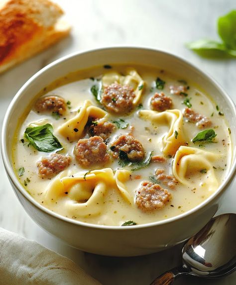 Sausage Tortellini Soup Recipe - Tortellini Soup With Sausage And Arugula, Italian Sausage Tortellini Soup Recipes, Tortilini Soup Italian Sausages, Tortellini Italian Sausage Soup, Italian Sausage Soup With Tortellini, Sausage Spinach Tortellini Soup, Slow Cooker Creamy Tortellini Soup, Sausage And Tortellini Soup, Italian Sausage Tortellini