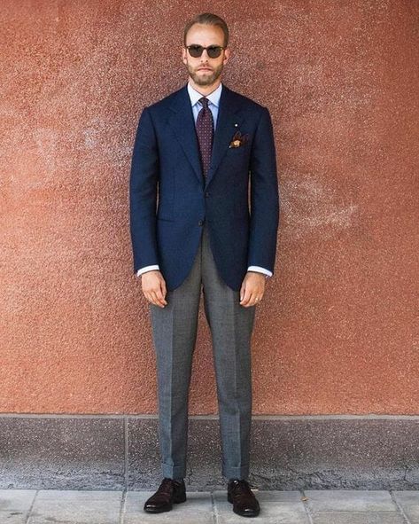 How to Wear Blue & Gray: A Classic Menswear Color Combination — Gentleman's Gazette Grey Pants Brown Shoes, Blue Suit Brown Shoes, Navy Blue Blazer Outfit, Blue Blazer Outfit Men, Blue Blazer Outfit, Blue Blazer Men, Grey Pants Men, Blue Sport Coat, Dark Blue Blazer