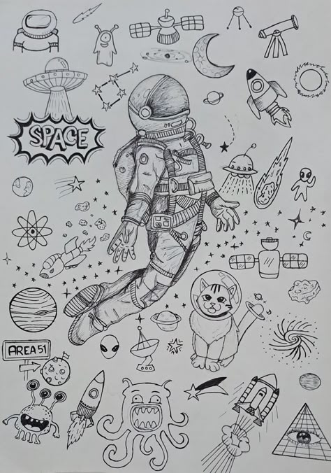 #astronaut#pencilsketch #cat#space#art#b&w#alien#skecth#creative Drawing Ideas Space Theme, Things To Draw To Fill Space, Space Themed Sketches, Space Sketches Simple, Drawing Planets Space, Scetches Drawing, Space Things To Draw, Space Planets Drawing, Space Theme Drawing