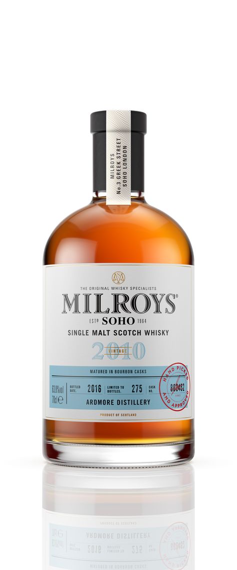 Milroys of Soho Whiskey — The Dieline - Branding & Packaging Design Whiskey Packaging, Whisky Packaging, Whisky Shop, Whiskey Label, Whiskey Brands, Whisky Tasting, Alcohol Packaging, Bottle Label Design, Whisky Bottle