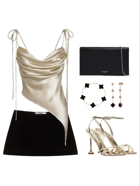 Club Outfits For Summer, Night At The Club Outfit, Fancy Clubbing Outfits, Dresses For The Club Night, Gold Black Outfit Parties, Gold Outfits For Women Casual, Outfits To Go Out At Night Club Fashion, Clubbing Dress Outfits, Mini Skirt With Heels Outfit