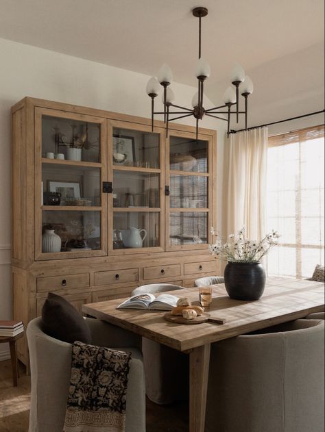 Built In Cabinets Dining Room, Dining Room With Hutch, Hutch In Dining Room, Pottery Barn Dining Room, Organic Modern Dining Room, Dining Hutch, Dining Room Shelves, Dining Room Cabinet, Modern Farmhouse Dining