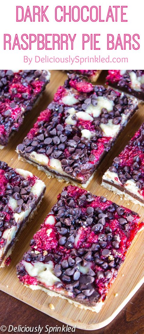 Dark Chocolate Raspberry Pie Bars #recipes #easyrecipes #desserts #raspberry #darkchocolate #baking #partyideas #bbq #summerrecipes Raspberry Pie Bars, Chocolate Raspberry Pie, Dark Chocolate Raspberry, Crumble Pie, Pie Bar Recipes, Raspberry Pie, Raspberry Recipes, Pie Bars, Fresh Raspberries