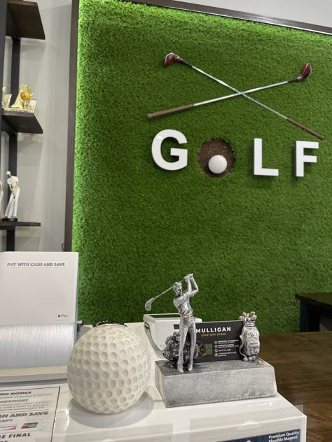 Golf Closet Ideas, Golf Pro Shop Display Ideas, Golf Course Decorating Ideas, Golf Course Decor, Golf Themed Backdrop, Golf Inspired Decor, Golf Decorating Ideas Man Caves, Golf Window Display, Golf Clubhouse Decor