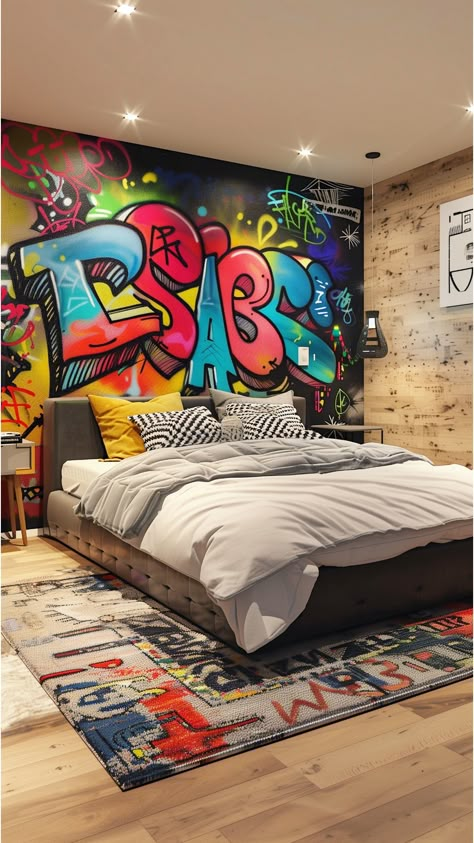 Make your bed the focal point by transforming the headboard into a piece of street art. You can commission a local artist or use removable graffiti wall decals to create a unique, personalized look. Bedroom Graffiti Wall, Graffiti Wall Bedroom, Graffiti Wall Art Bedroom, Street Art Bedroom, Wall Graffiti Ideas, Graffiti Bedroom Ideas, Street Style Bedroom, Style Room Ideas, Street Style Room