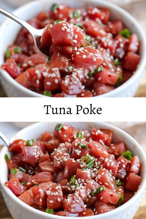 Fresh, sushi grade tuna marinaded in an Asian inspired marinade with crunchy green onions and crispy sesame seeds. Tuna Poke is perfect when eaten by itself but also delicious when put on top of avocado toast! #poke #sushigradetuna #glutenfree #appetizer #lunch #dinner Ahi Tuna Marinade, Tuna Sushi Bowl, Tuna Poke Recipe, Glutenfree Appetizer, Fresh Tuna Recipes, Tuna Poke Bowl Recipe, Ahi Tuna Poke, Sushi Grade Tuna, Poke Recipe